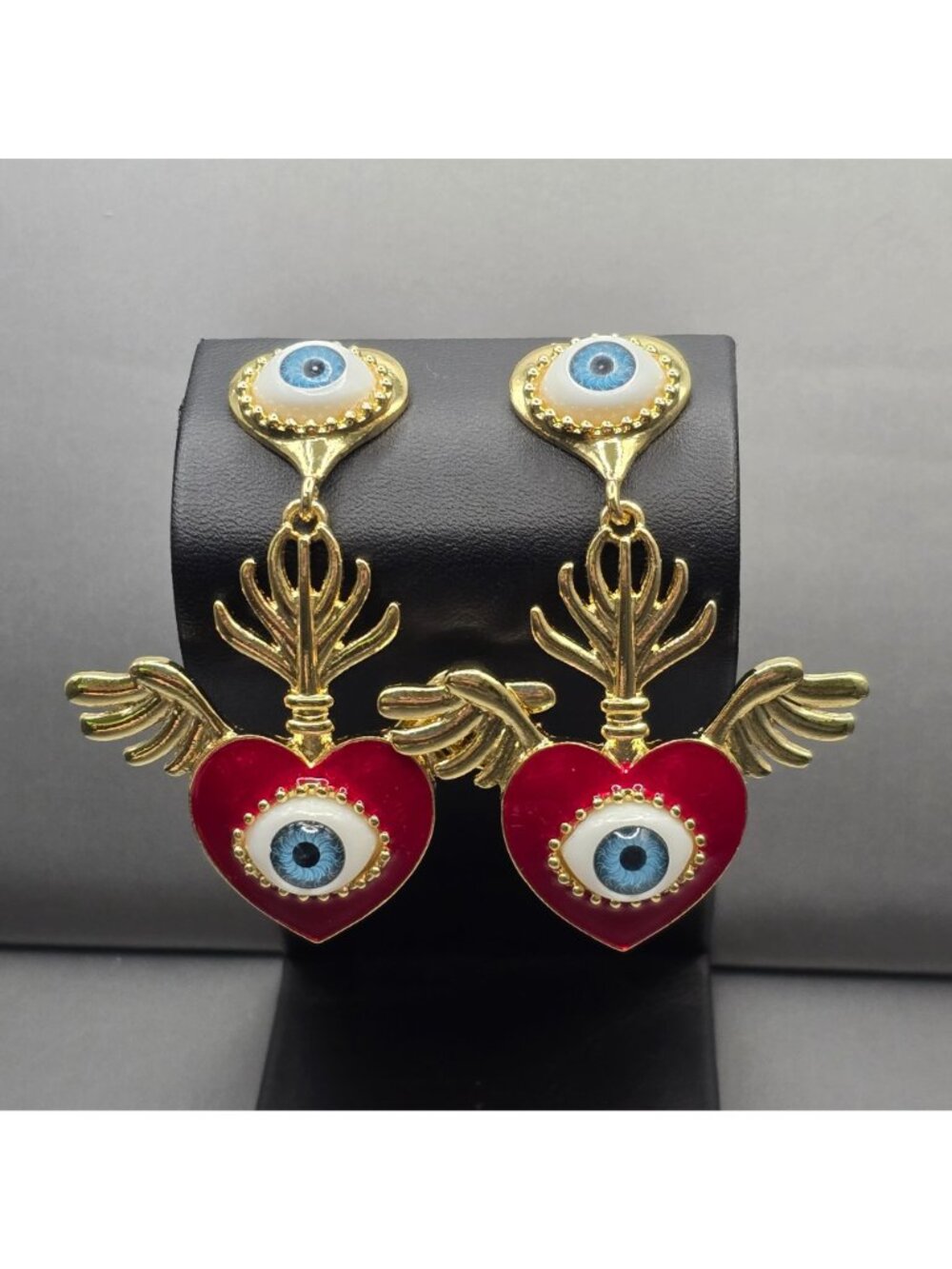 Surrealist Evil Eye Sacred Heart Drop Earrings 3" Gold Red Enamel Statement - Picture 2 of 7
